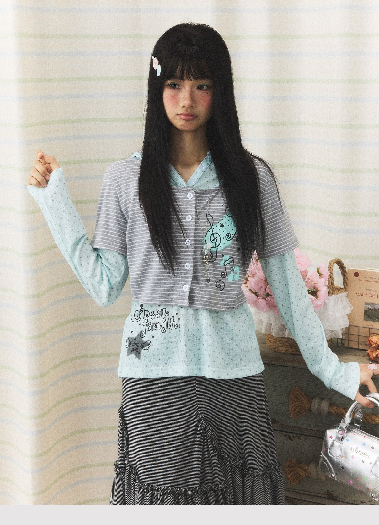 Mint Melody Faux-Layer Hooded Long-Sleeve Top