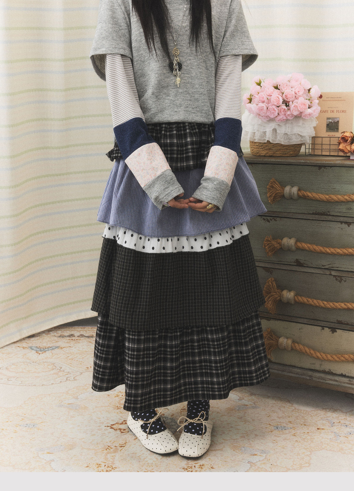 Mixed Plaid Tiered Patchwork Midi Skirt