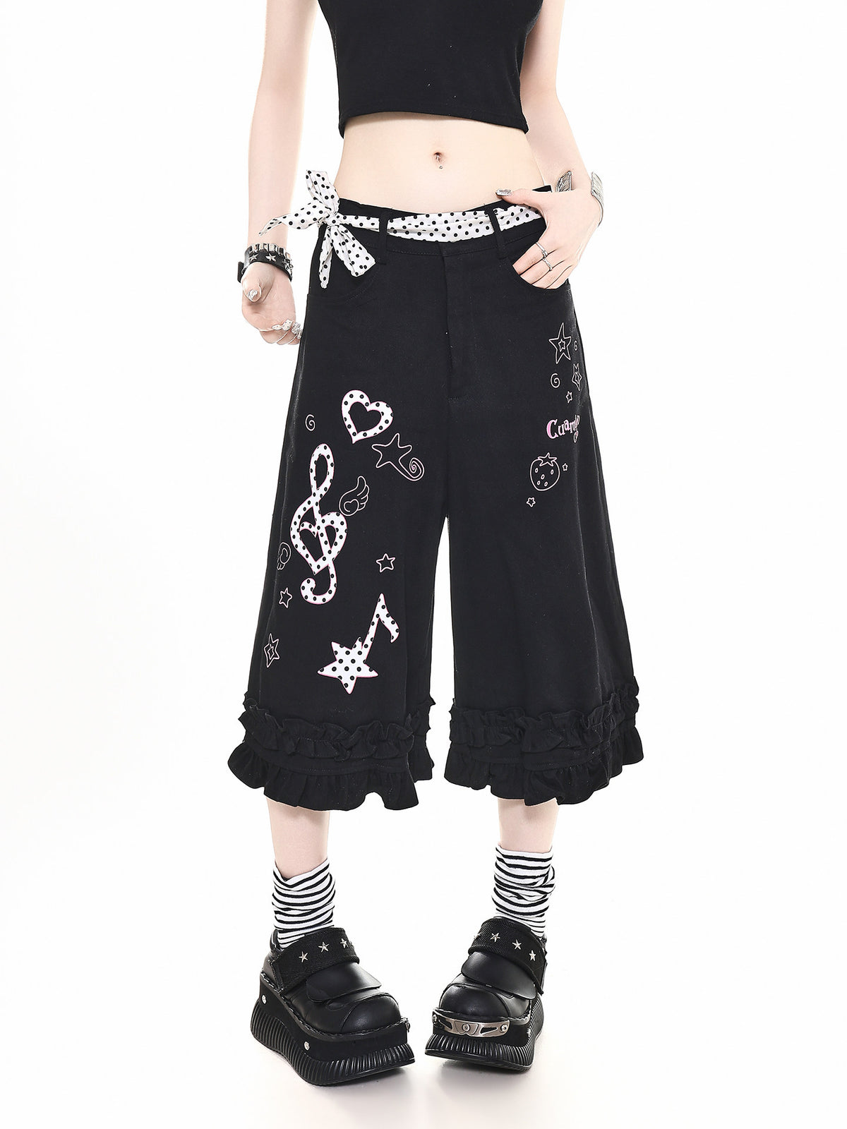 Polka Dot Music Note Ruffle Capri Pants