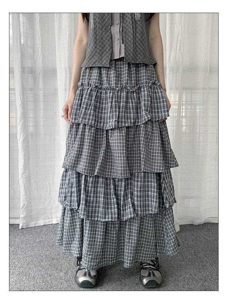 Plaid Patchwork Tiered Maxi Skirt