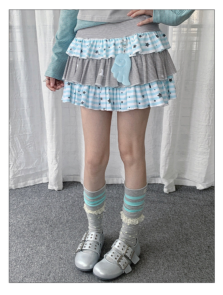 Soft Blue Star Stripe Tiered Ruffle Mini Skirt