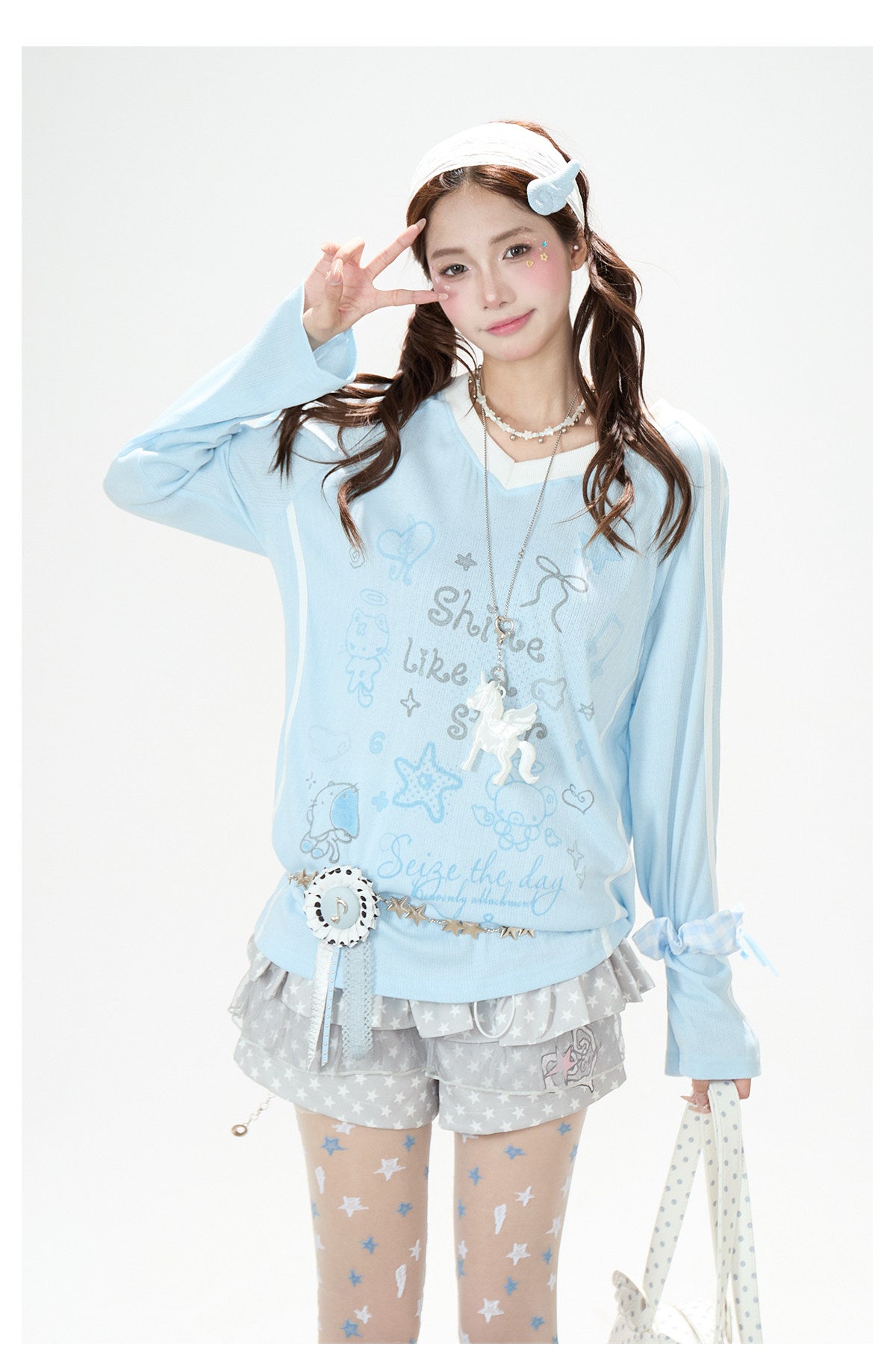Dreamy Doodle V-Neck Long Sleeve Top & Polka Dot Tiered Ruffle Skirt
