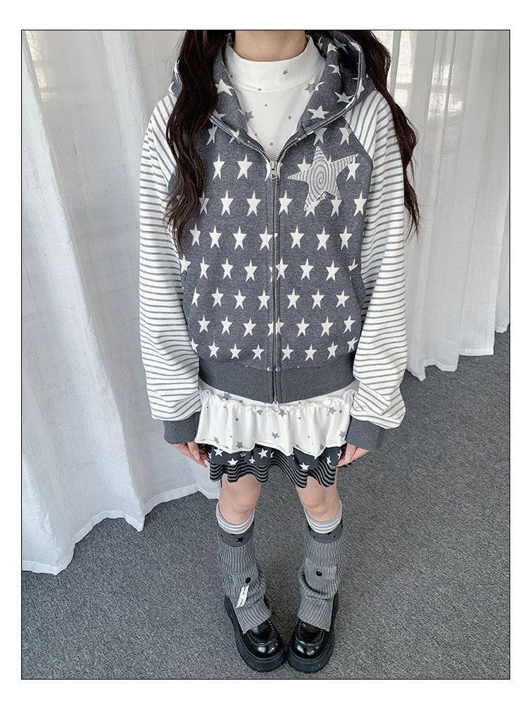 Star & Stripe Patchwork Zip-Up Hoodie