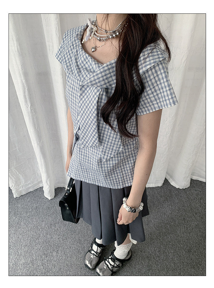Blue Plaid Asymmetrical Collar Shirt