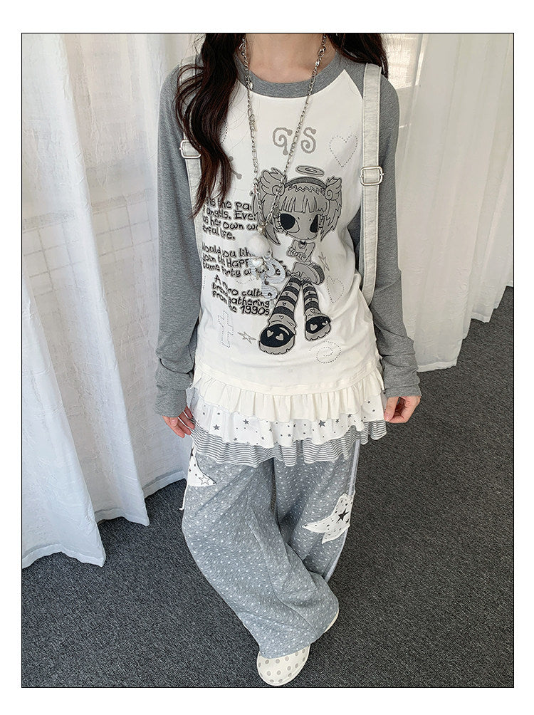 Angel Girl Graphic Raglan Ruffle Long Sleeve Top