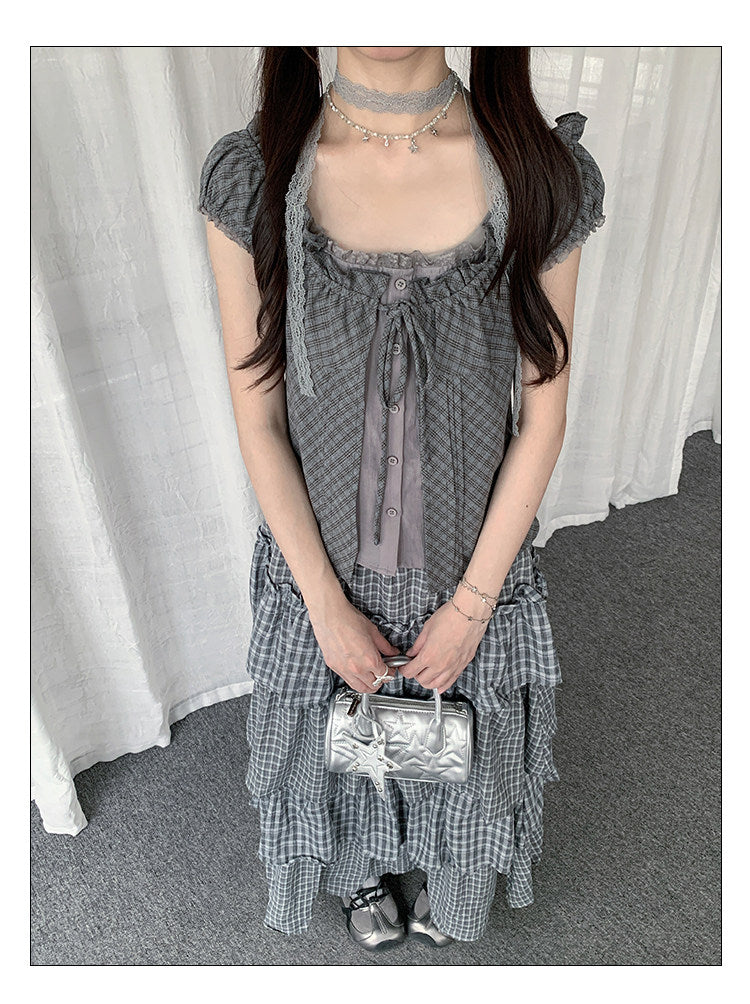 Gray Plaid Tie-Front Layered Puff-Sleeve Top