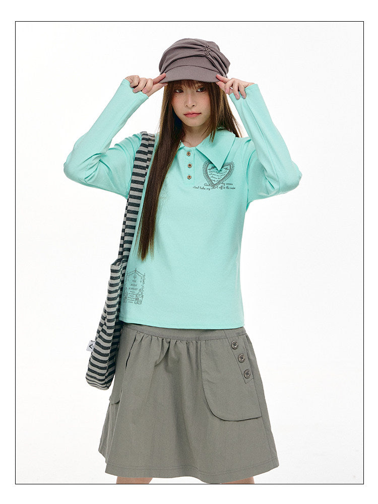 Mint Heart Graphic Long Sleeve Polo Top