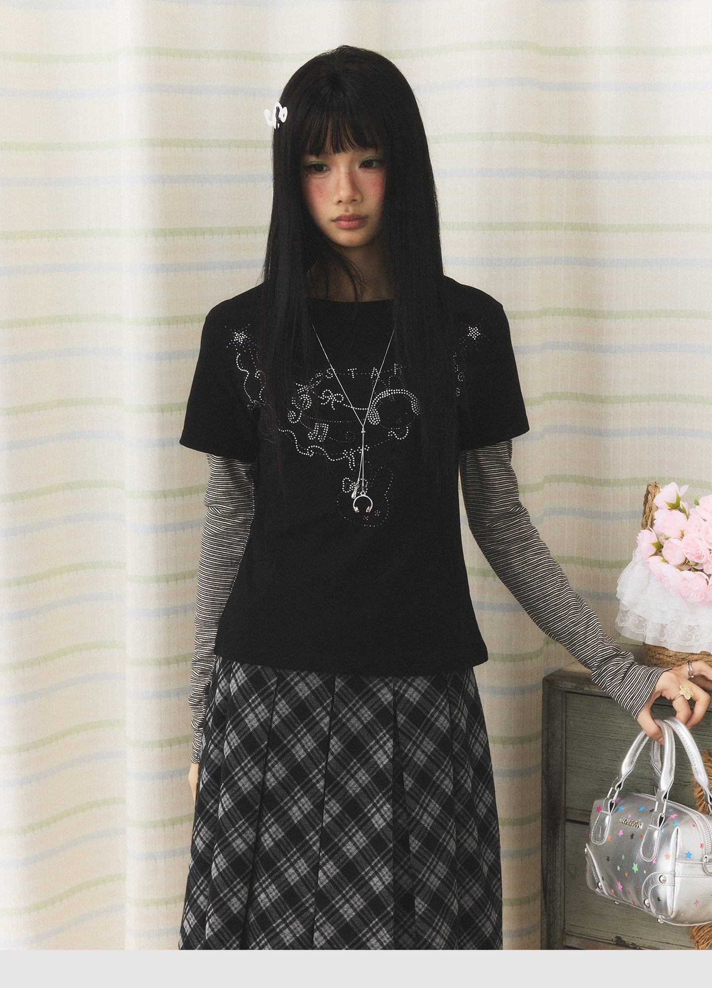 Rhinestone Melody Faux-Layer Stripe Long-Sleeve Tee