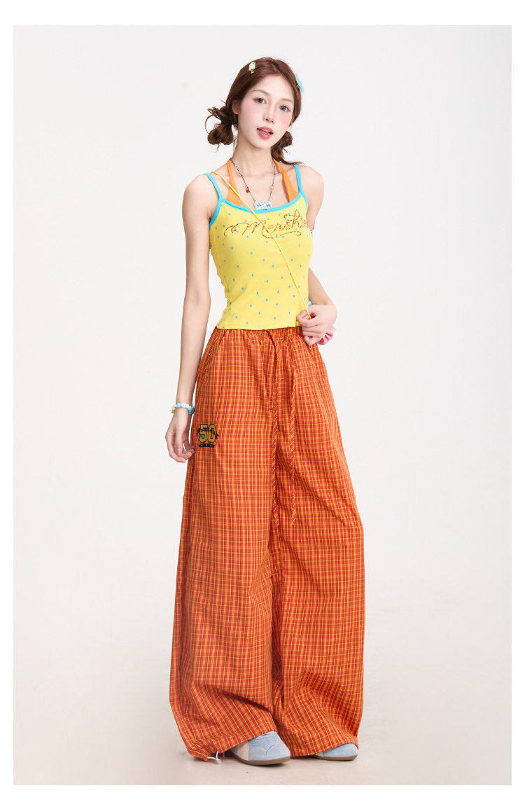 Starry Rhinestone Halter Cami & Plaid Wide-Leg Pants
