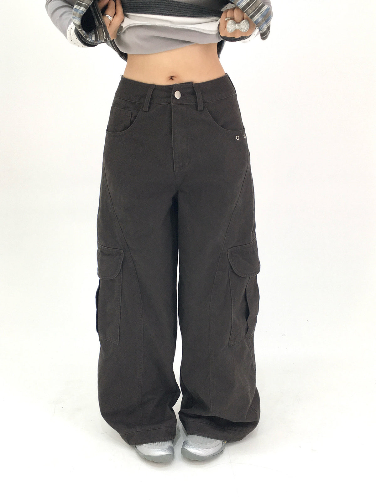 Washed Gray Tea Wide-Leg Cargo Pants