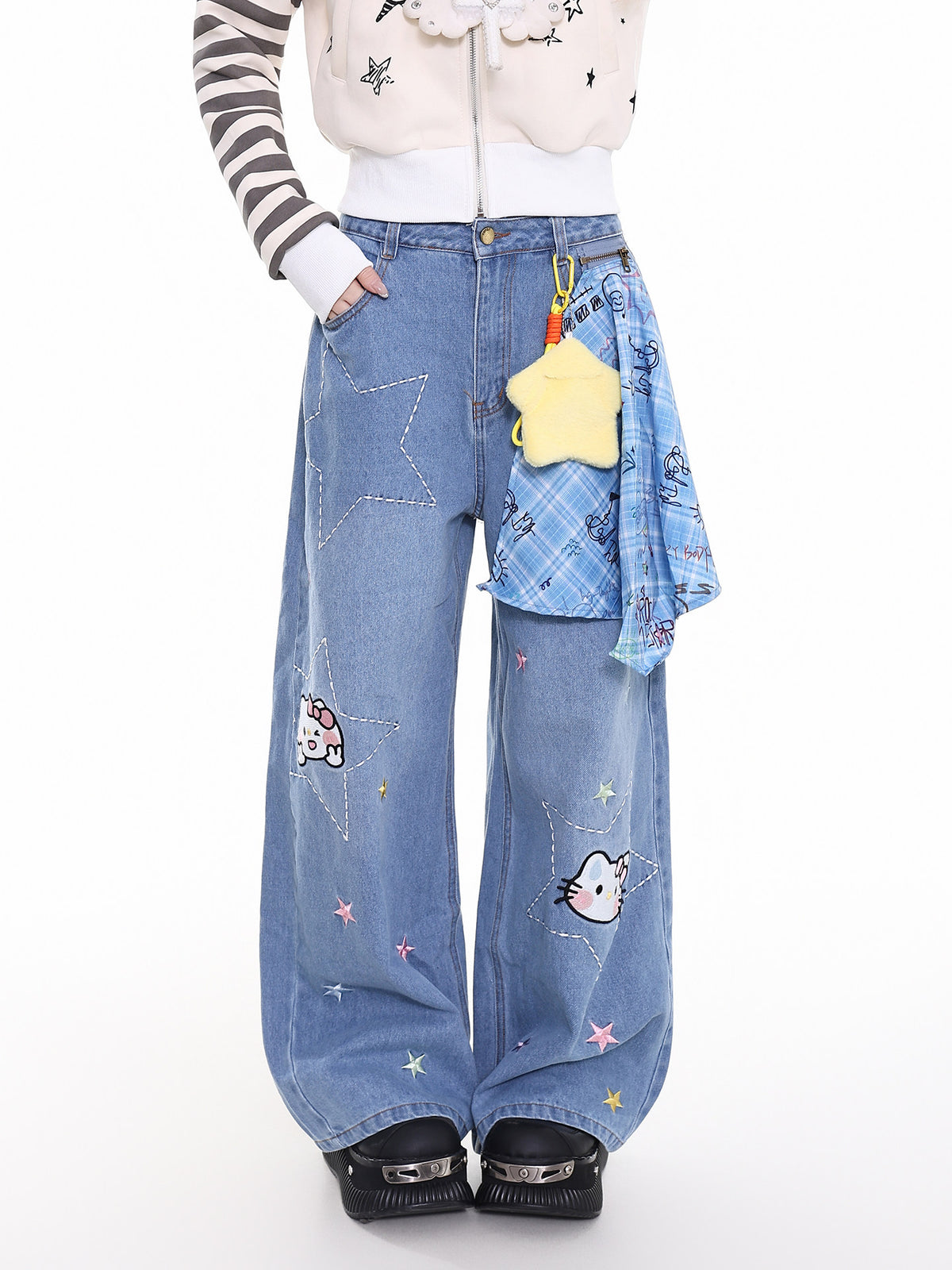 Cartoon Cat Star-Stitch Layered Wide-Leg Jeans with Charm