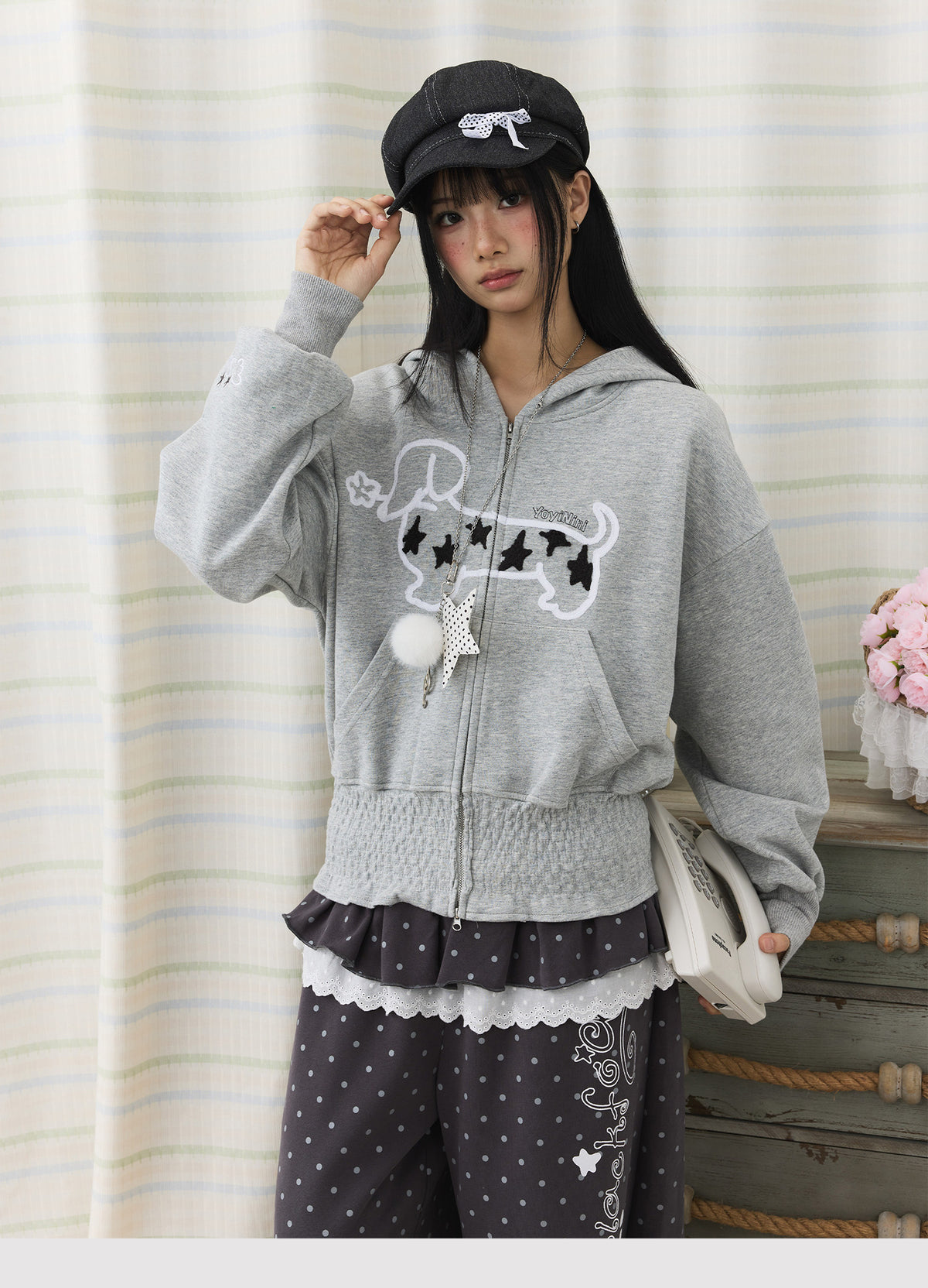 Star Puppy Smocked-Waist Zip-Up Hoodie