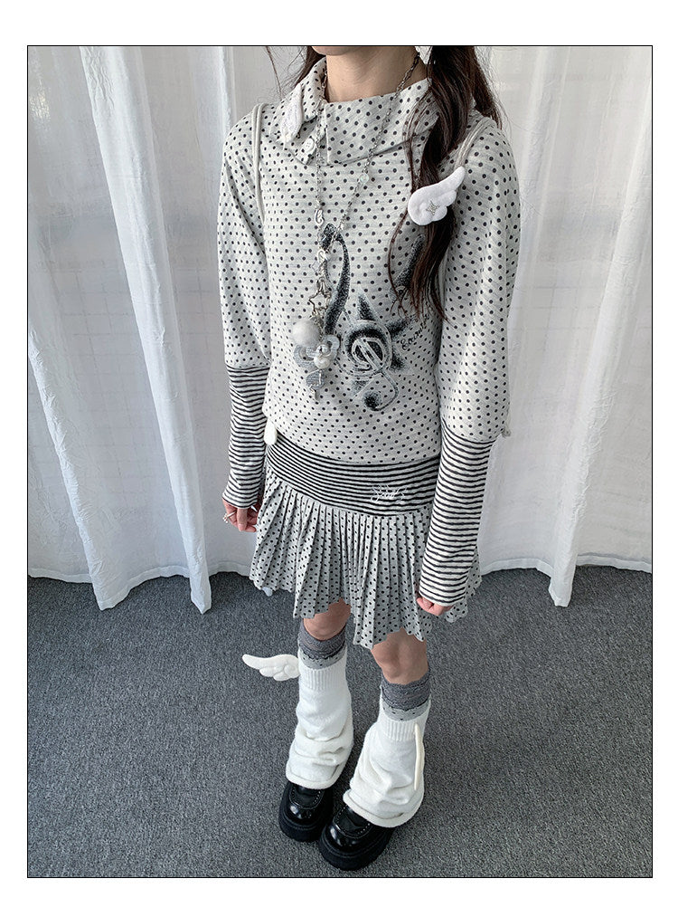Polka Dot Collar Striped Layered Long Sleeve Top
