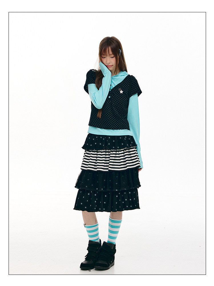 Polka Dot Faux-Layer Hooded Long Sleeve Top