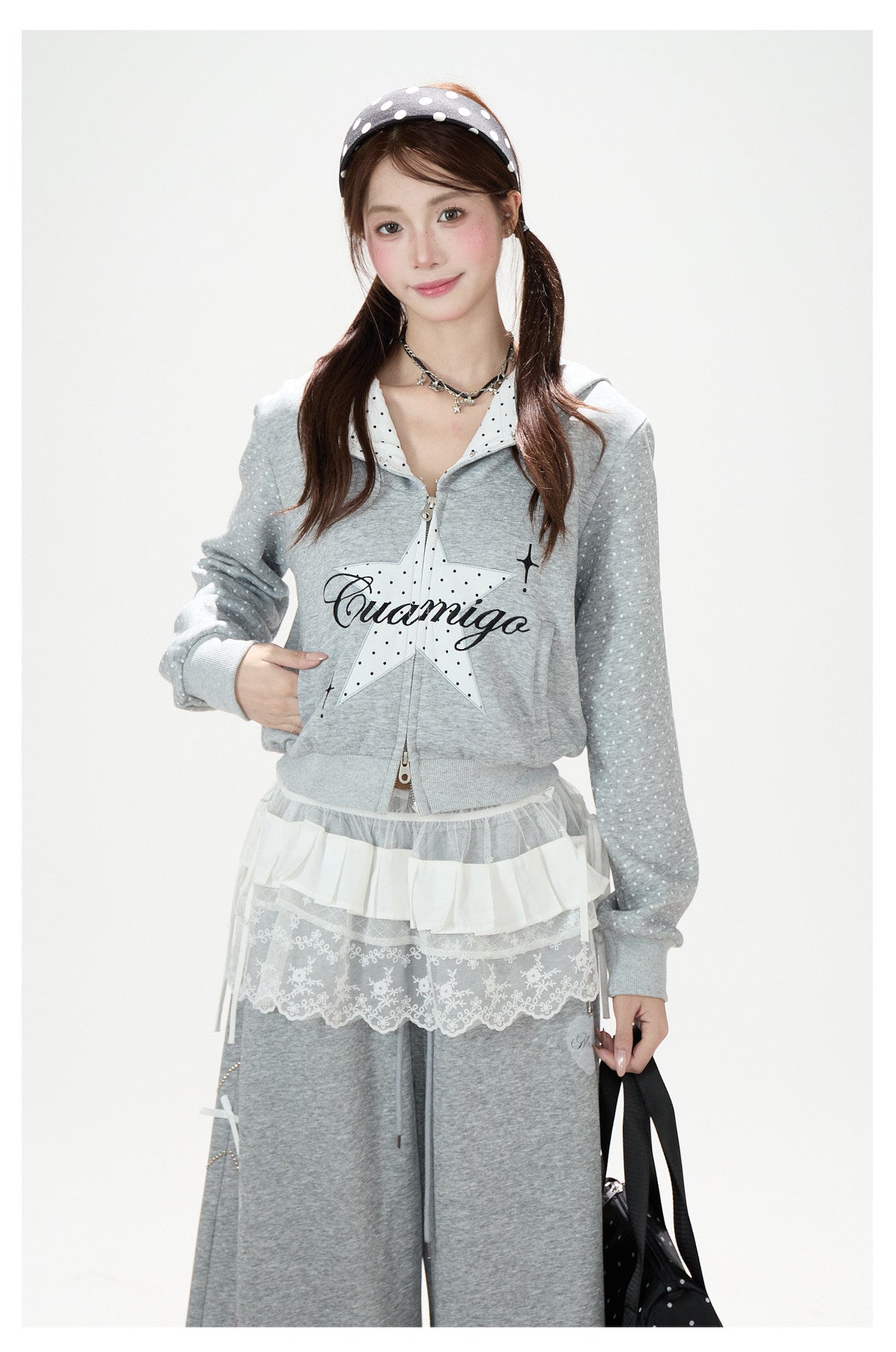 Star Polka-Dot Zip-Up Hoodie & Paw Print Wide-Leg Jeans