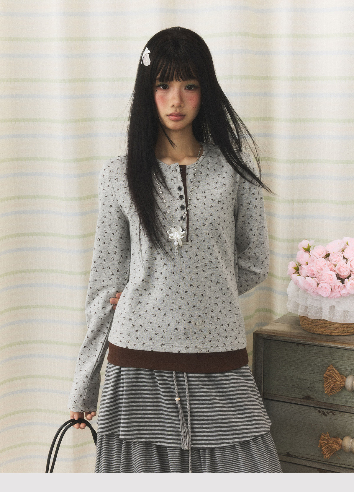Floral Henley Faux-Layer Long Sleeve Top