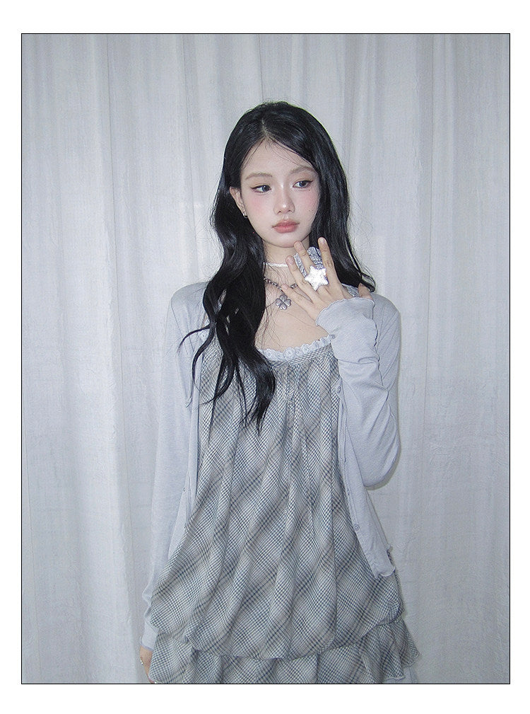 Dusty Blue Plaid Lace Bubble Dress Three-Piece Set