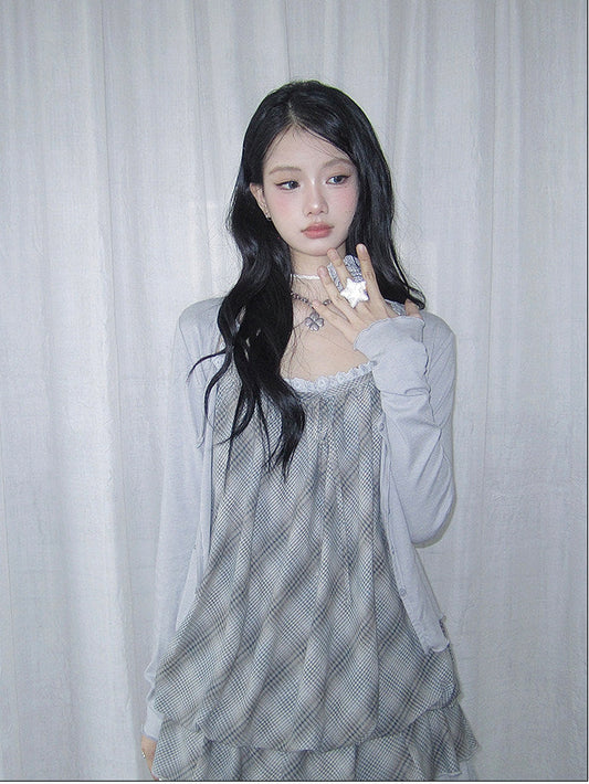 Dusty Blue Plaid Lace Bubble Dress Three-Piece Set