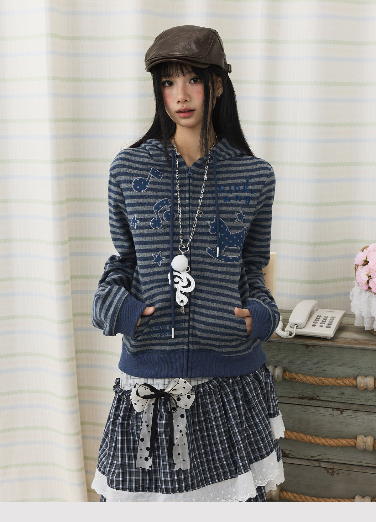 Striped Rocking Horse Embroidered Zip-Up Hoodie