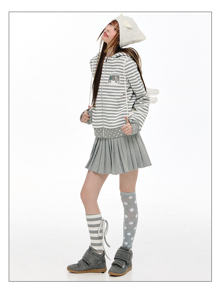 Mint & Gray Stripe Cat-Ear Zip Hoodie
