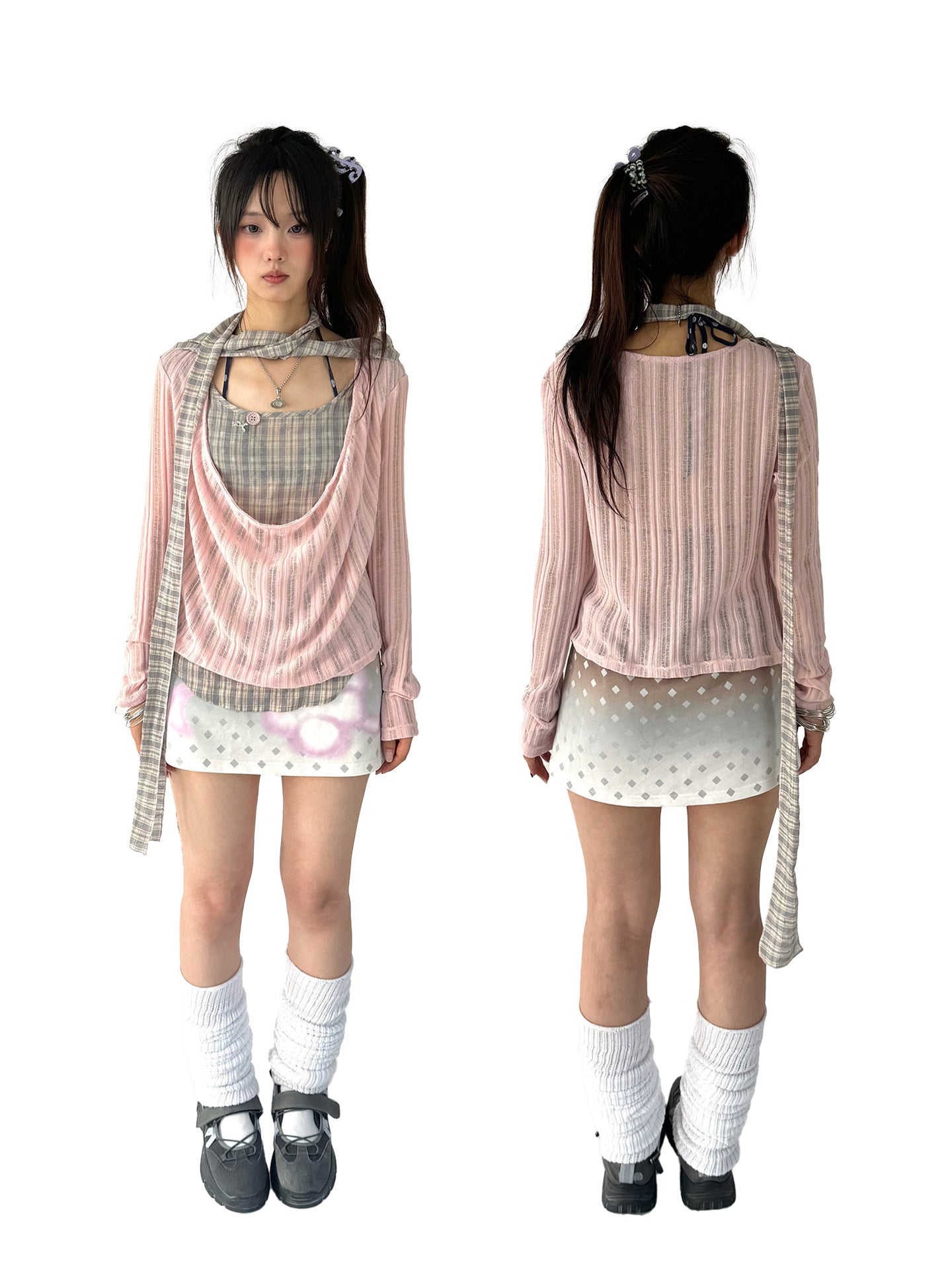 Dusty Pink Plaid Cowl-Neck Layered Top