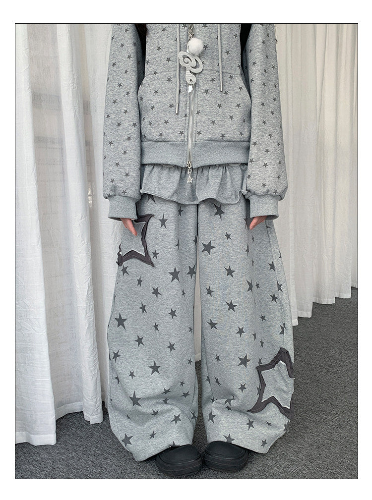 Star Print Detachable Ruffle-Layer Wide-Leg Sweatpants