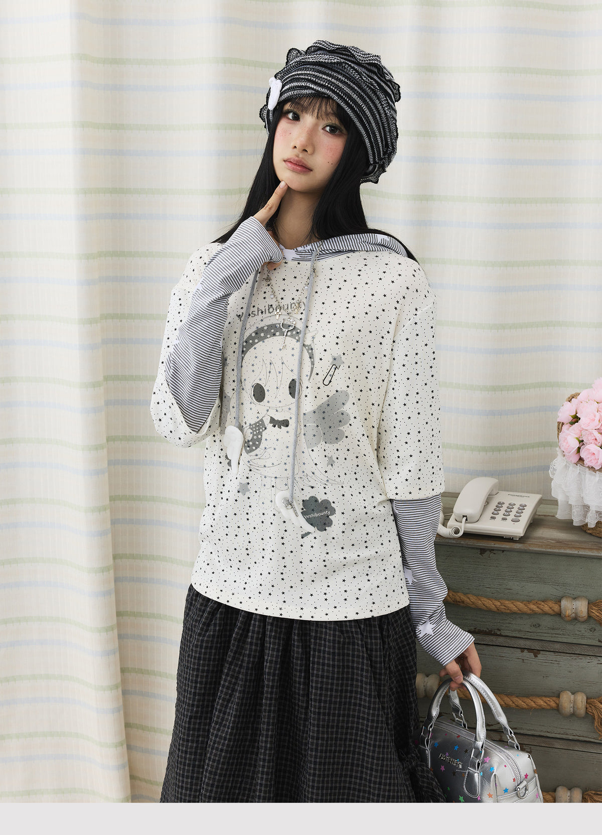 Cartoon Star Print Faux-Layer Hooded Top