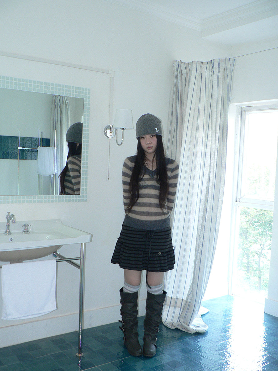 Striped Pleated Tie-Waist Mini Skirt