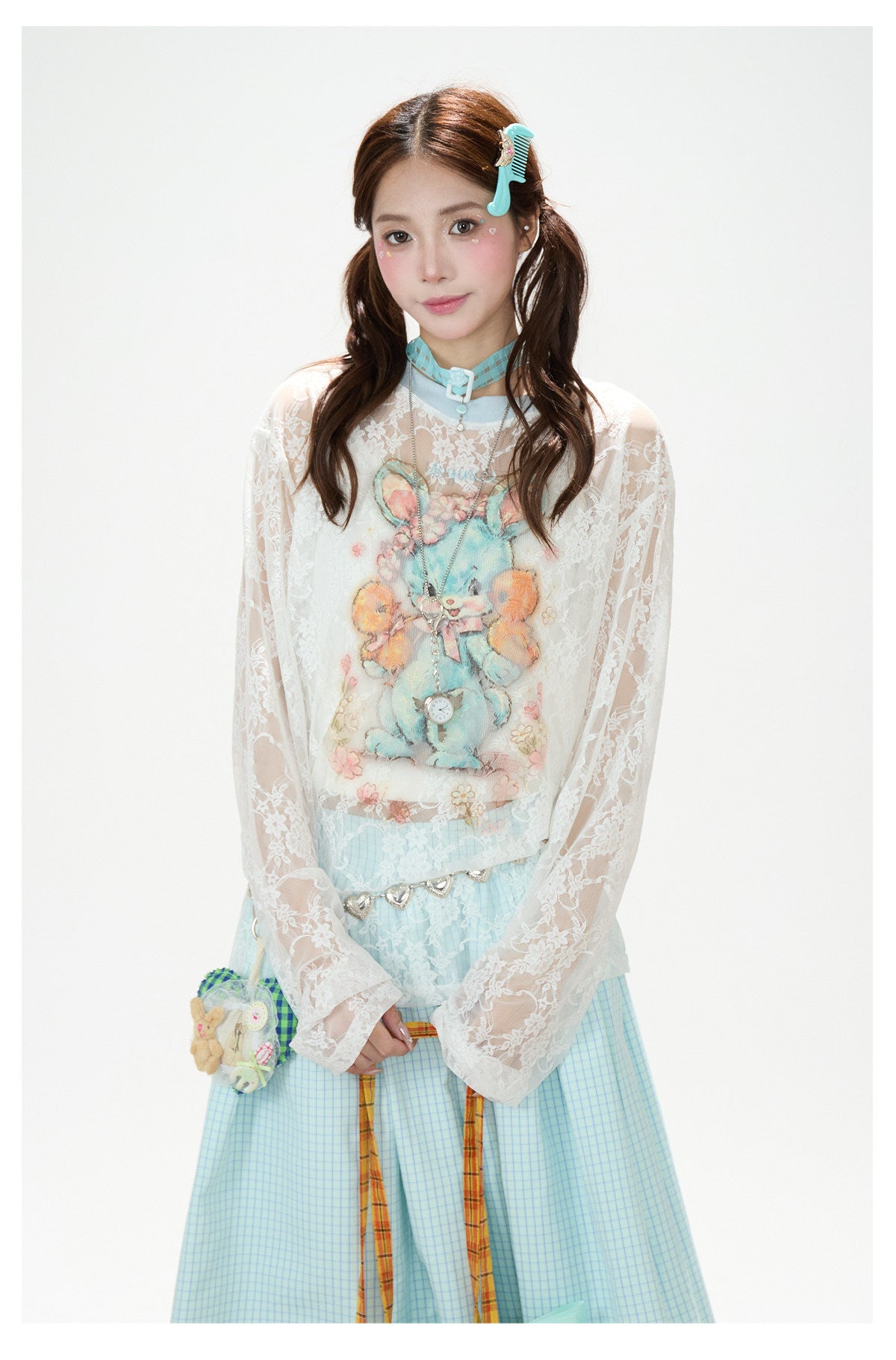 Bunny Sheer Lace Long Sleeve Top & Mint Plaid A-Line Skirt