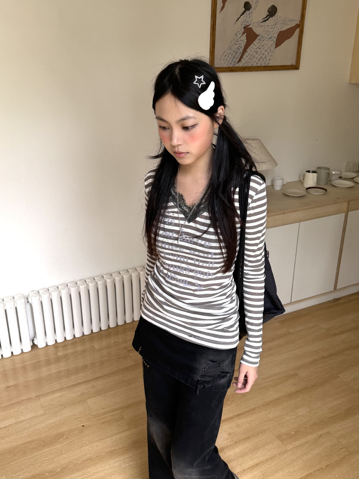 Gray Stripe Lace V-Neck Graphic Long Sleeve Tee