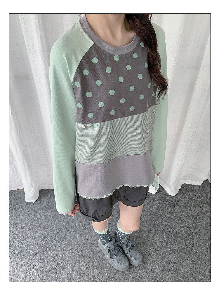 Polka Dot Stripe Lace-Trim Patchwork Long Sleeve Top