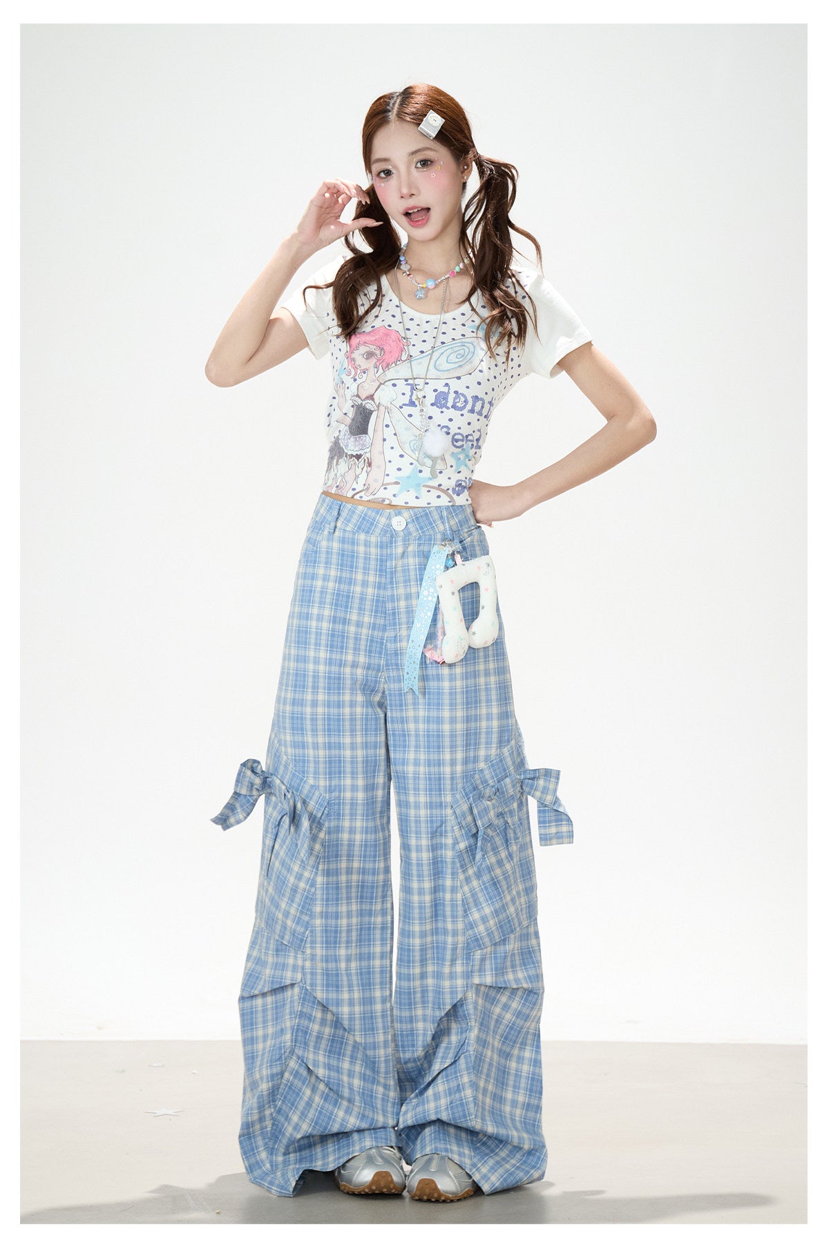 Bow Plaid Cargo Wide Leg Pants