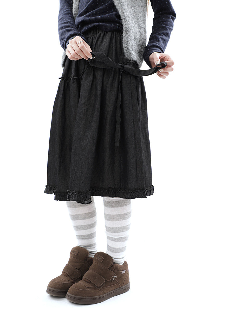Washed Black Ruffle-Tiered Denim Midi Skirt
