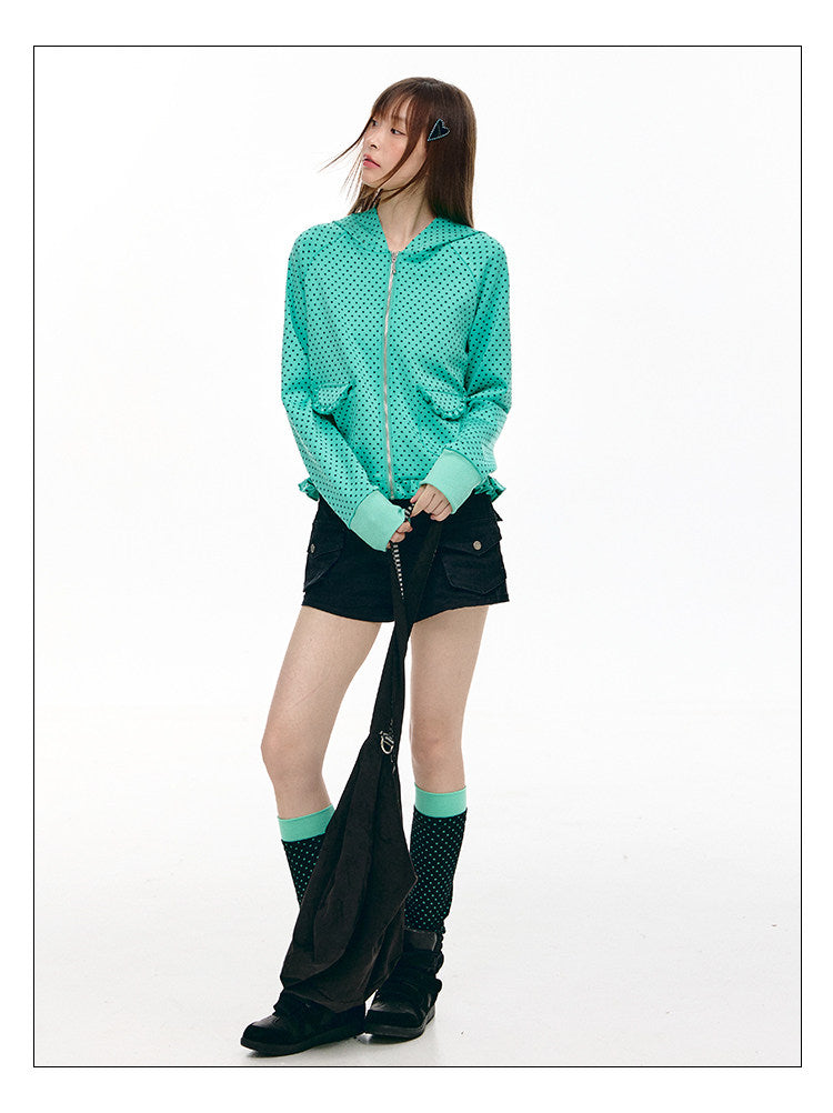 Mint Micro-Star Ruffle-Hem Zip-Up Hoodie