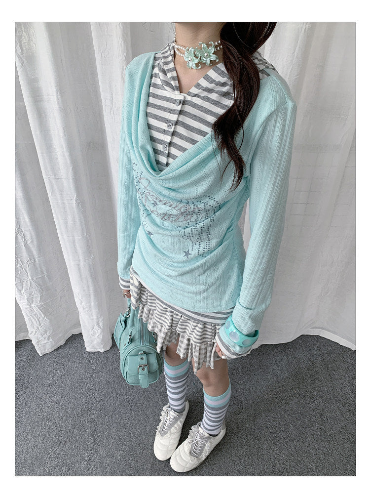 Draped Stripe-Collar Faux-Layer Long-Sleeve Top