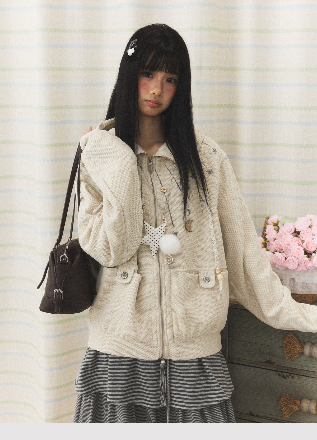 Star & Moon Embroidered Zip-Up Hoodie