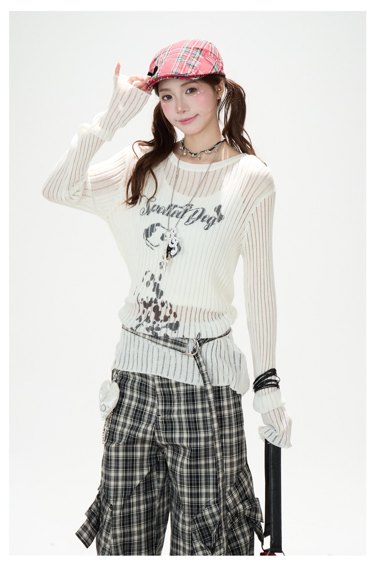 Dalmatian Sheer Knit Top & Black Plaid Ruffle Pants