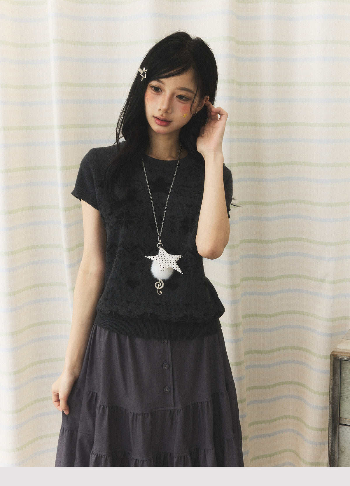 Vintage Jacquard Knit Short Sleeve Top