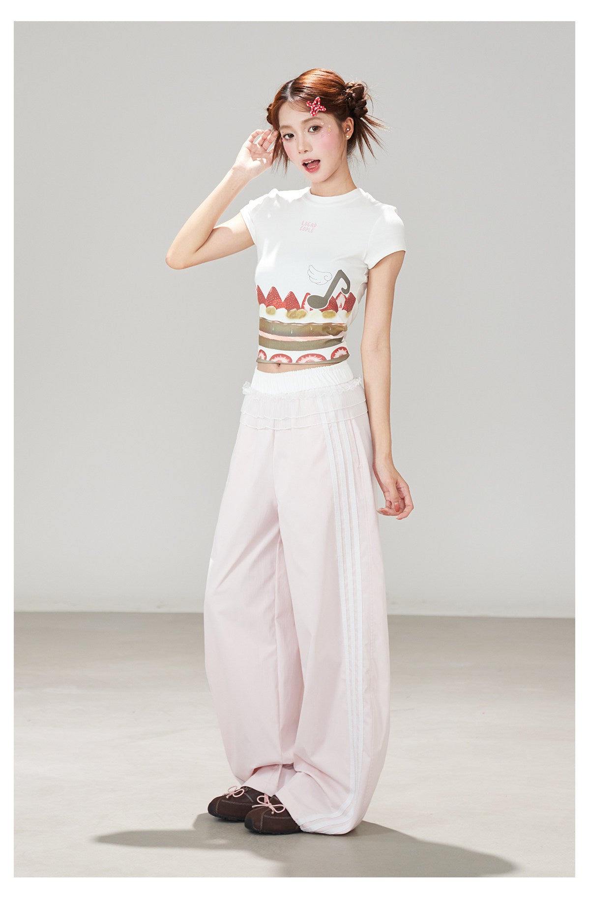 Ruffle Waist Side Stripe Wide-Leg Pants