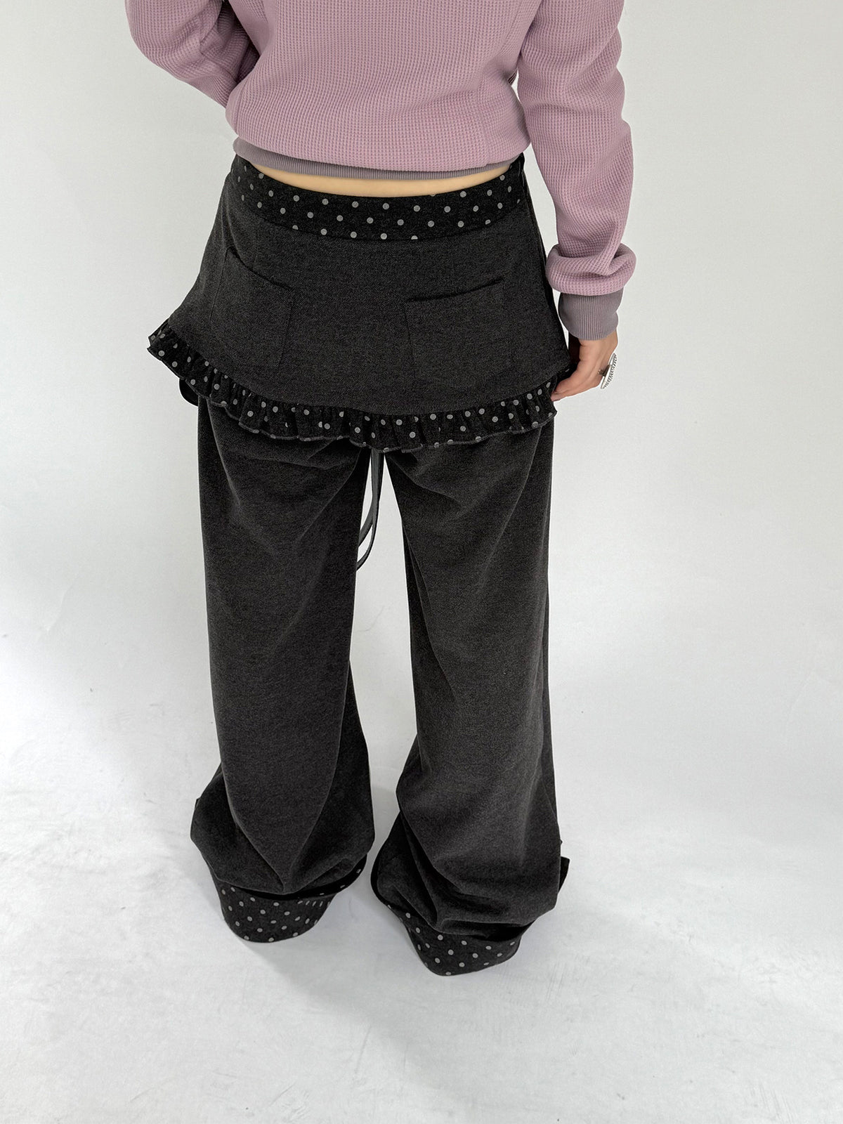 Charcoal Polka Dot Faux-Layer Wide-Leg Pants