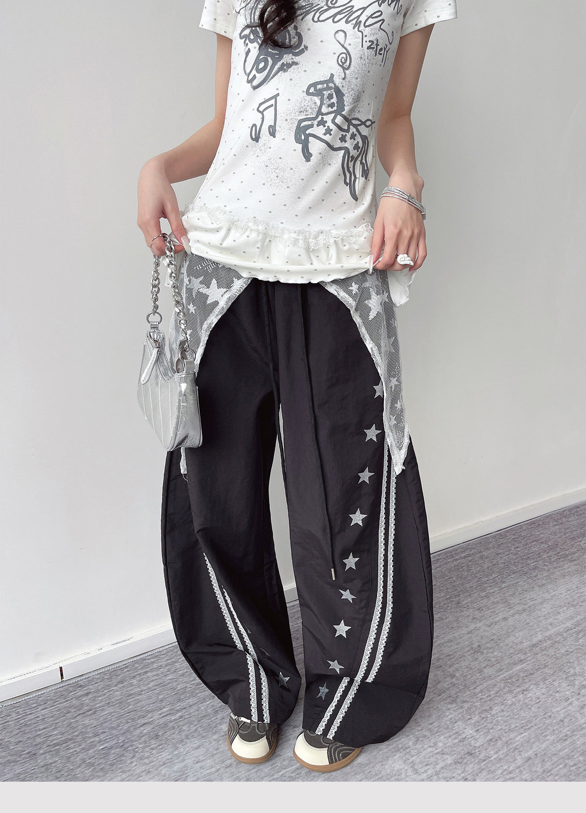 Star Lace Overlay Wide-Leg Parachute Pants