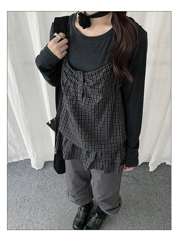 Plaid Cami & Long Sleeve Layered Two-Piece Top Set