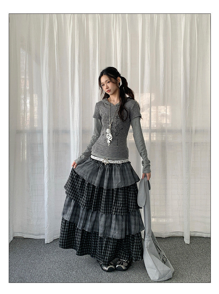 Layered Plaid Tiered Maxi Skirt