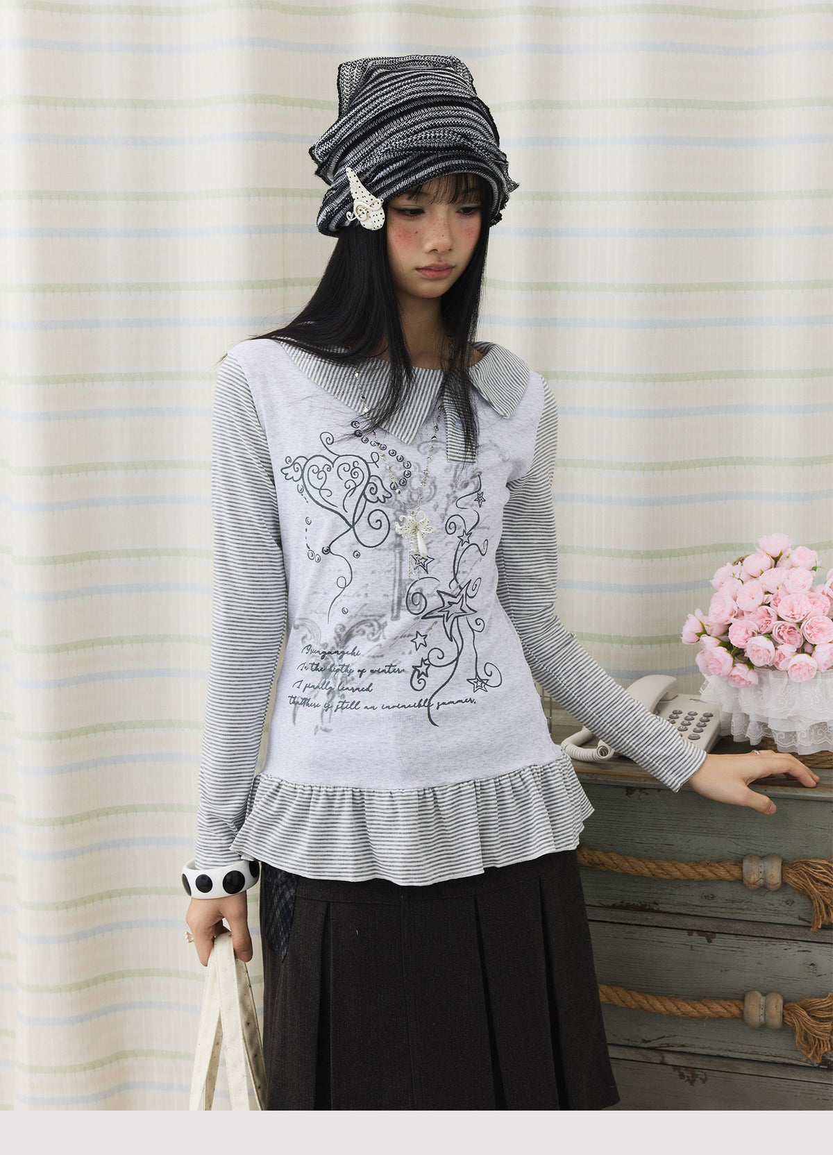 Graphic Stripe Faux-Layer Ruffle-Hem Long Sleeve Top