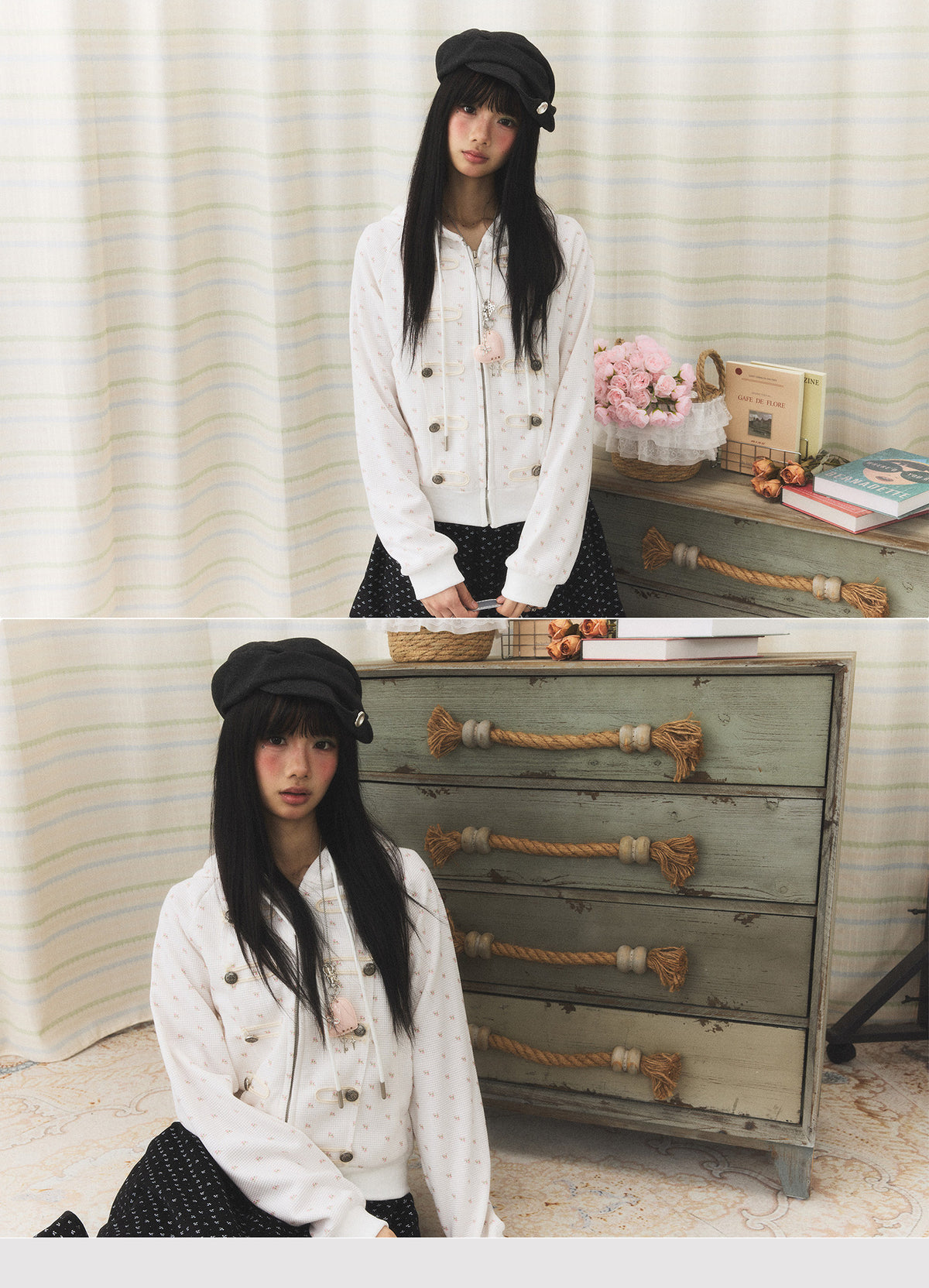 Floral Waffle Toggle Zip-Up Hoodie