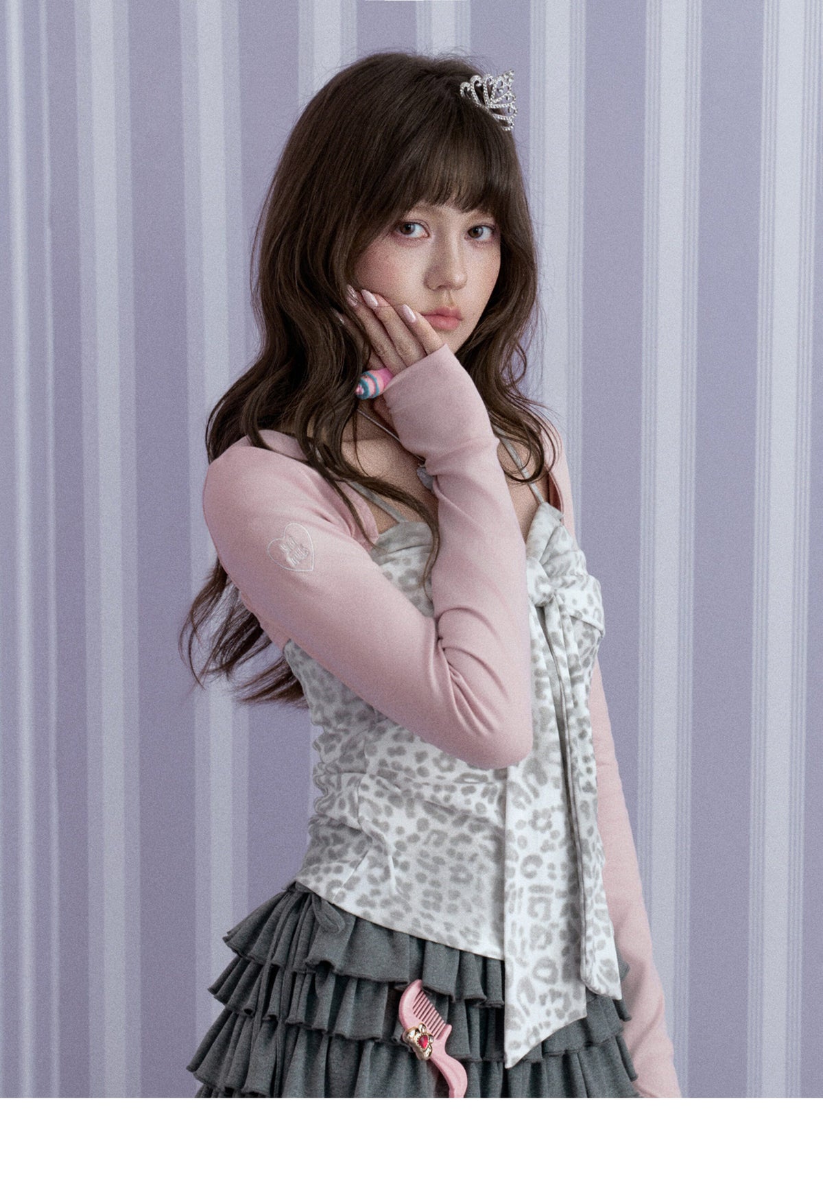 Pink Leopard Bow Faux-Layered Long-Sleeve Top