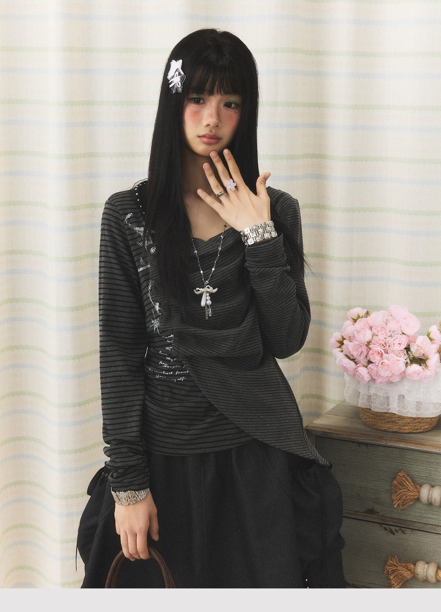 Charcoal Stripe Studded Draped-Neck Long-Sleeve Top