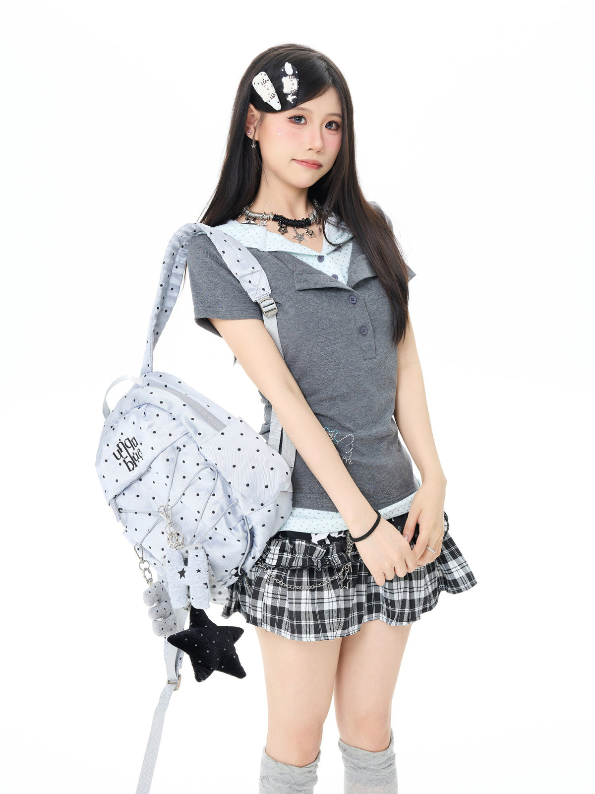 Starry Rhinestone Polka Dot Layered Hood Tee