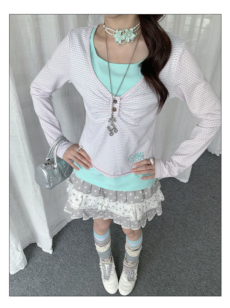 Mint Dot Ruched Faux-Layer Long-Sleeve Top