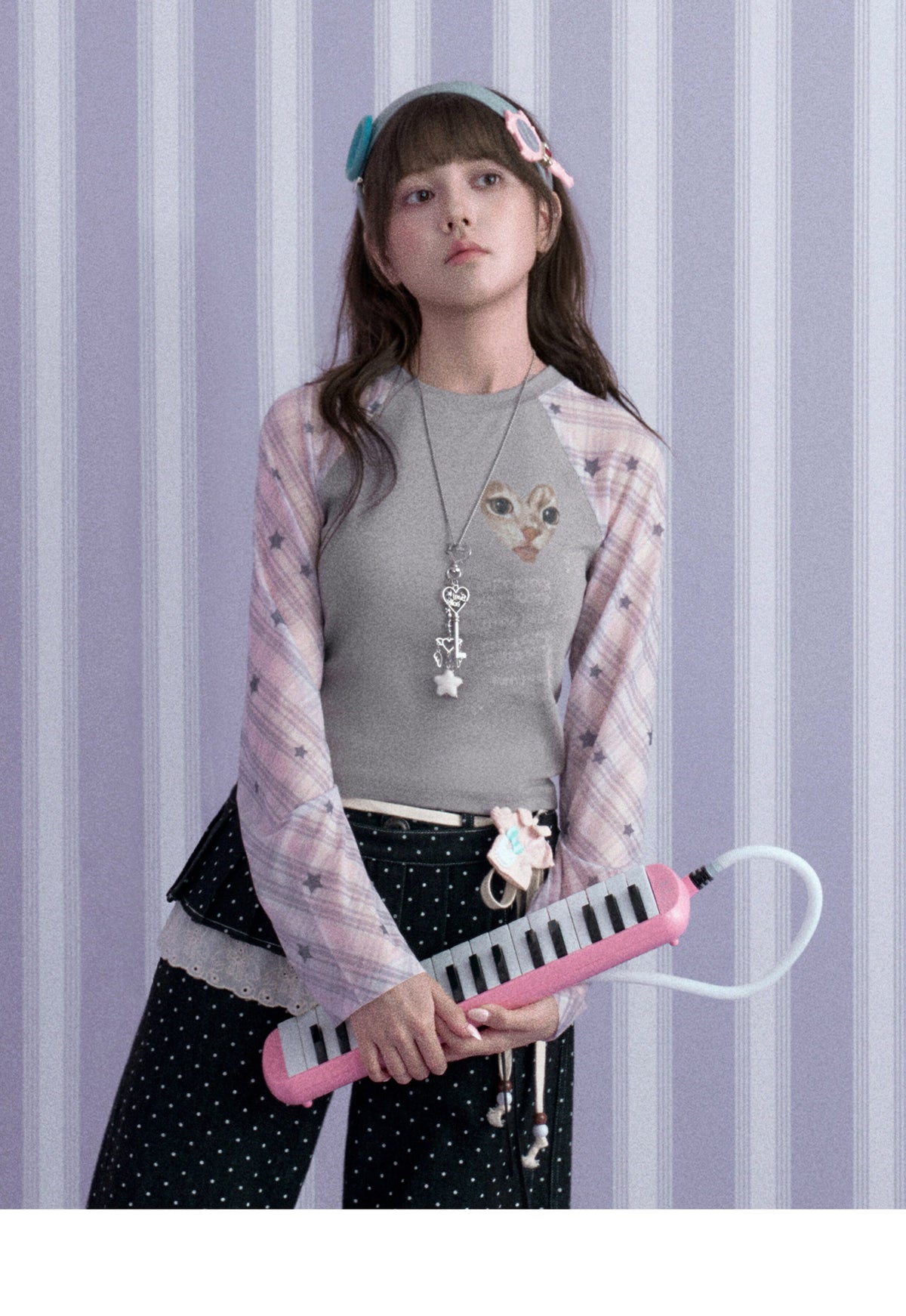Gray-Pink Kitty Plaid Mesh Raglan Long-Sleeve Top